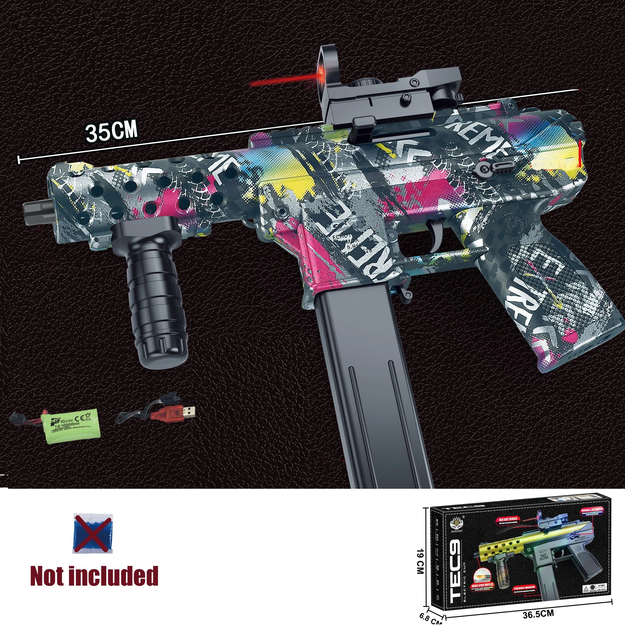 New Tec9 Toy Gun Can Fire Gel Bullets 7-8mm, Available in Three Colors, Comes with 7.4V Battery and USB Charging Cable, New Year's Gift for Boys