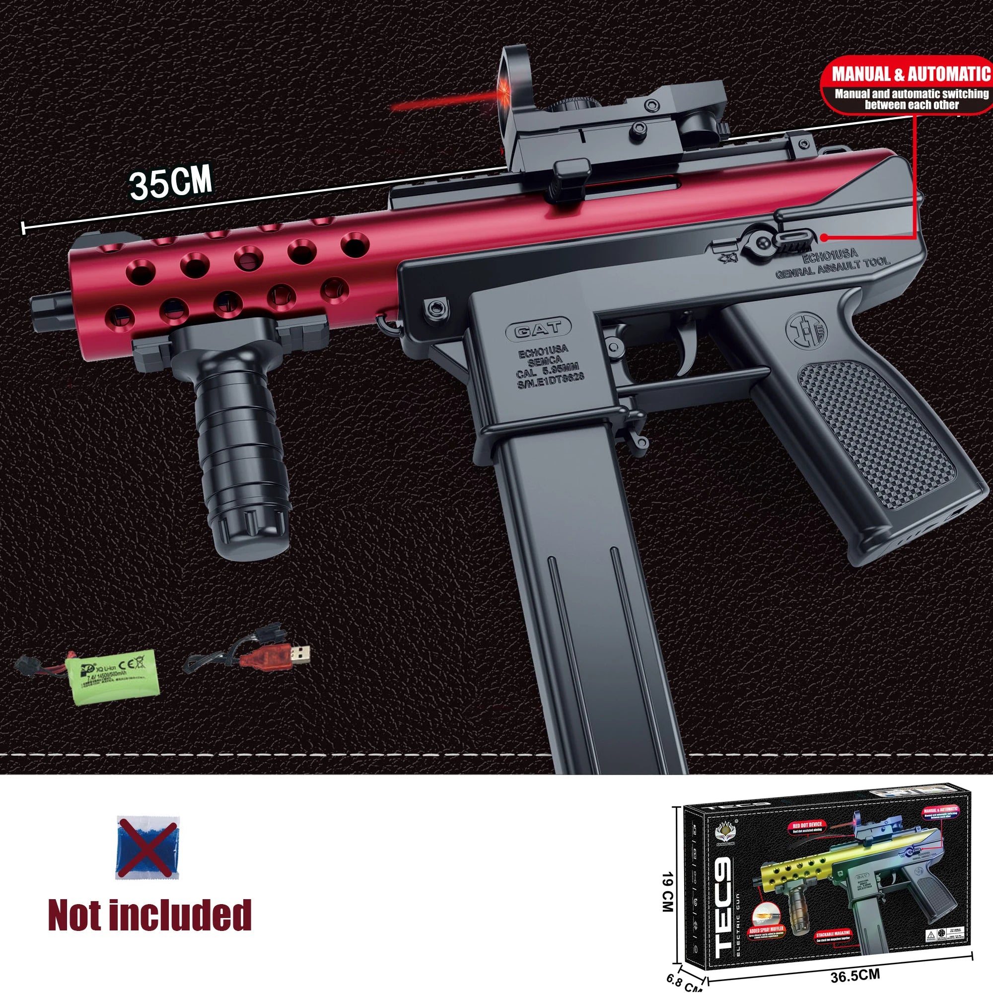 New Tec9 Toy Gun Can Fire Gel Bullets 7-8mm, Available in Three Colors, Comes with 7.4V Battery and USB Charging Cable, New Year's Gift for Boys