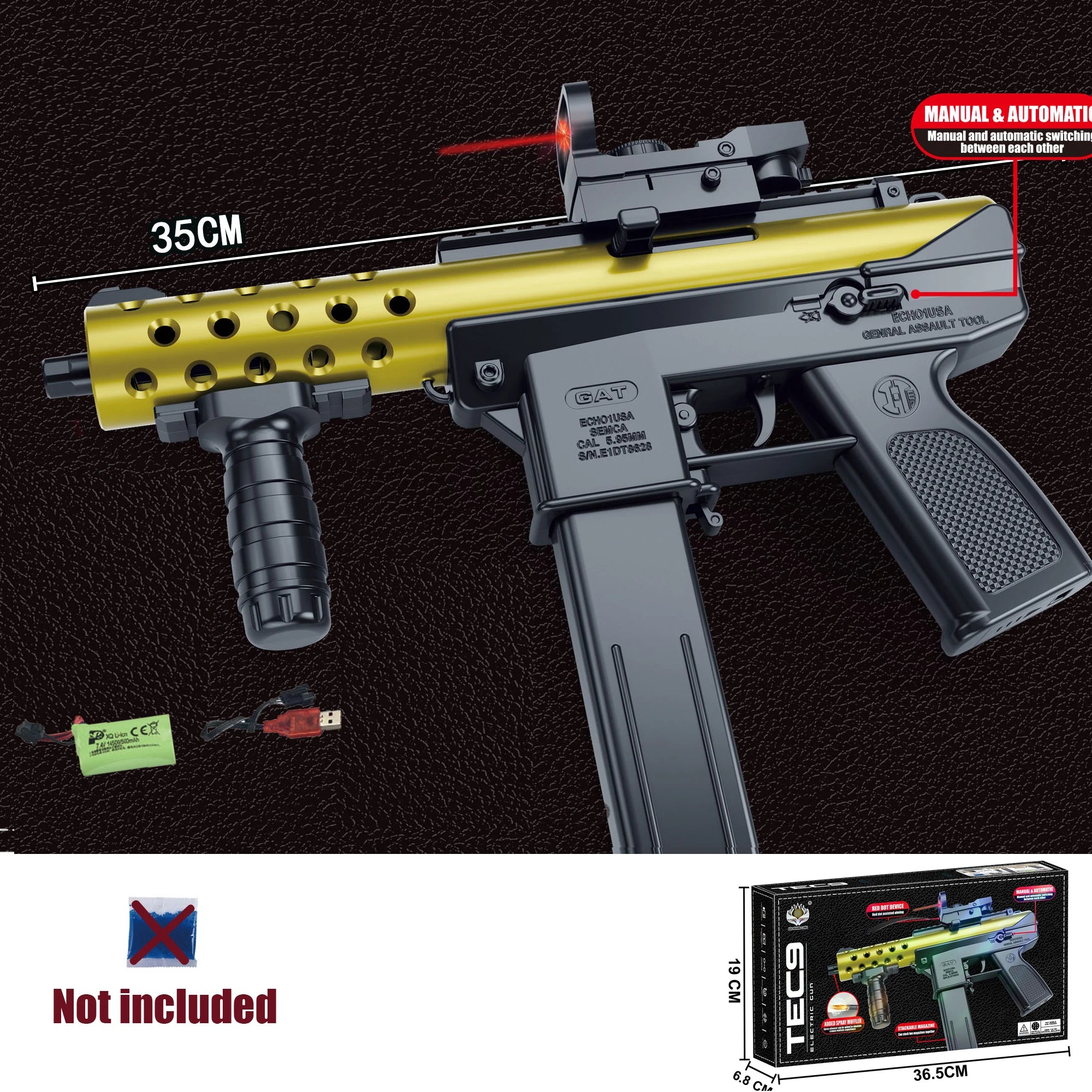 New Tec9 Toy Gun Can Fire Gel Bullets 7-8mm, Available in Three Colors, Comes with 7.4V Battery and USB Charging Cable, New Year's Gift for Boys